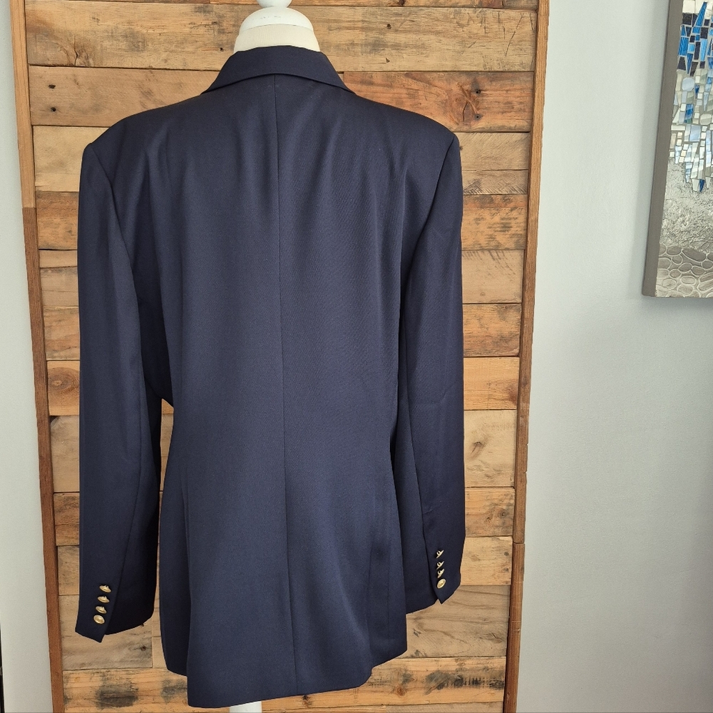 Halston Heritage Navy Blue Double Breasted Blazer Gold Crest Buttons Womens 14 - Picture 3 of 8